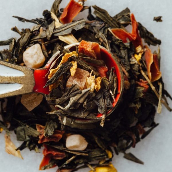 Herbal tea loose leaf leaves with dried fruit pieces