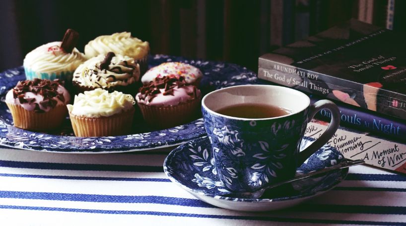 blue tea and cakes
